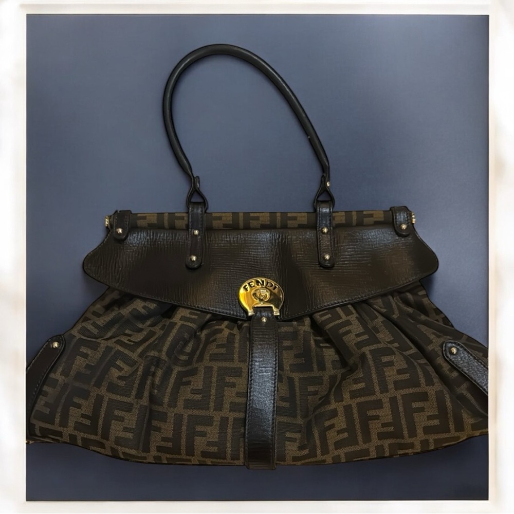 Fendi Black and Brown Geometric Satchel with Gold Emblem